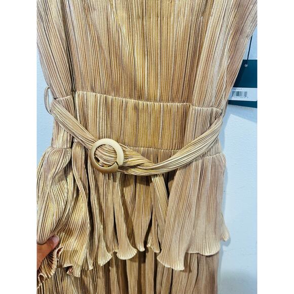 MAC DUGGAL Gold Metallic Plissé Square Neck Pleated Ruffle Belt Detail Dress 8 - Picture 7 of 16